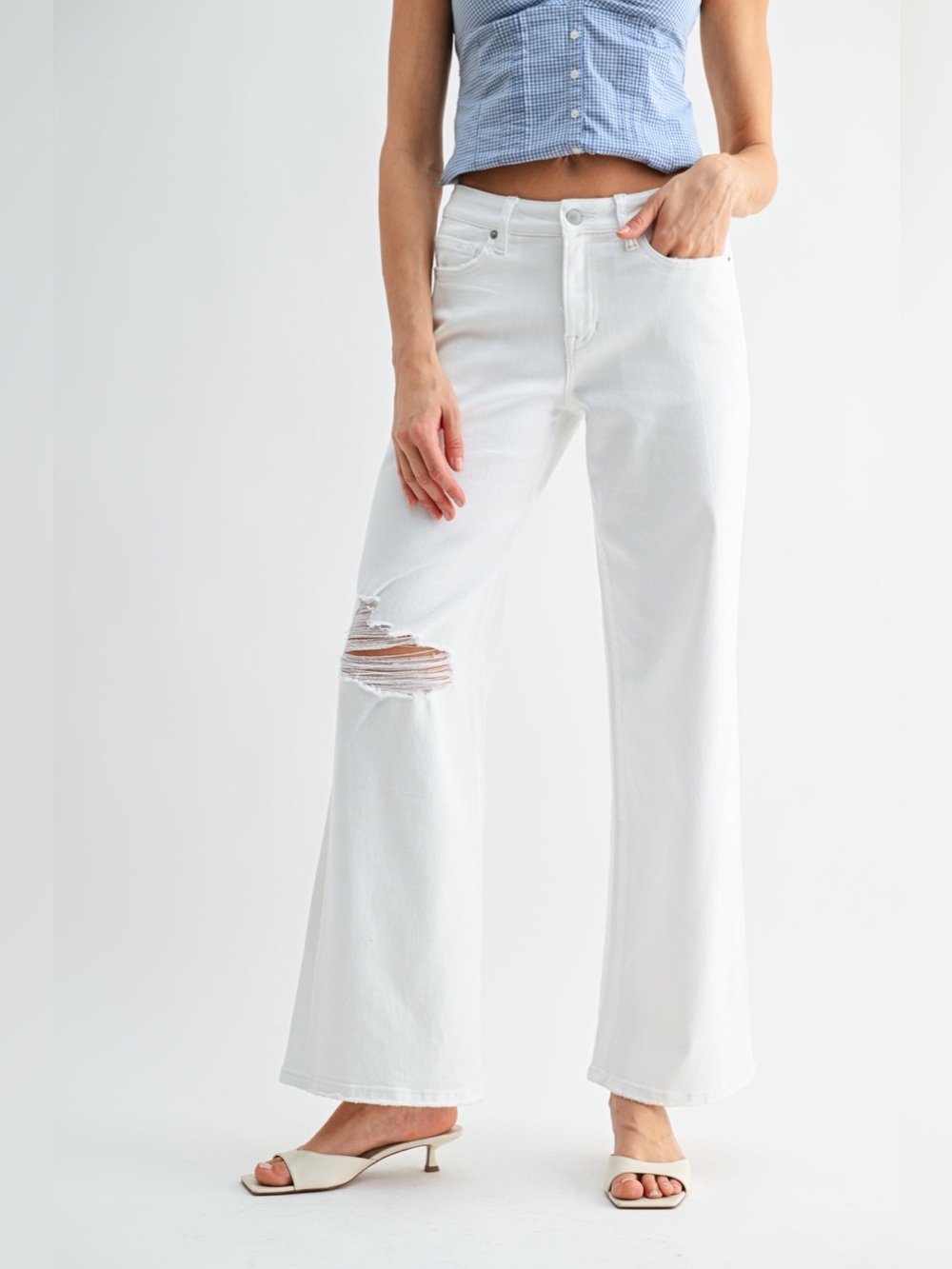 Mid Rise Distressed Wide Leg Jeans - Mica